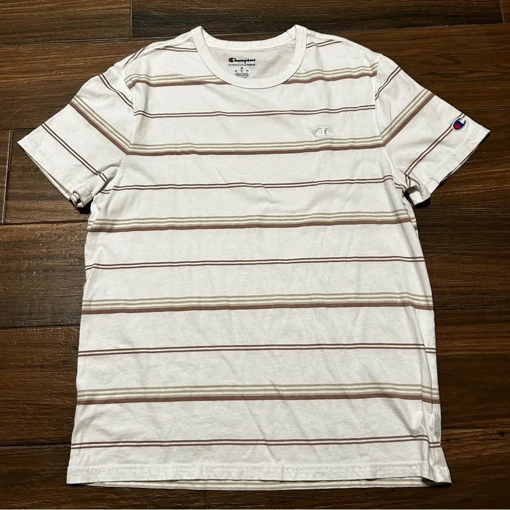 Champion Men’s Short‎ Sleeve Shirt Medium White with Brown Tan horizantal lines - Picture 2 of 10